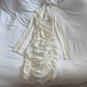 August Getty Atelier White Mesh Ruched Bodycon Long Sleeve Dress S
